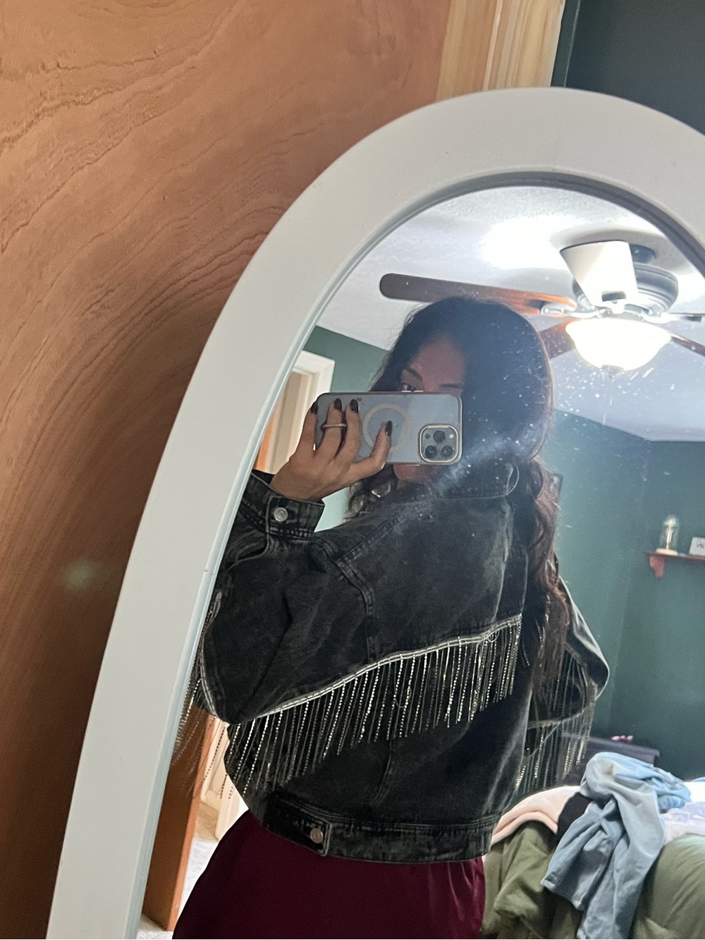 Altar'd State Black Denim Jacket with Silver Fringe